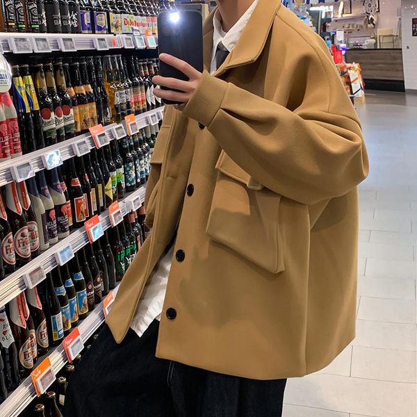 

men's wool & blends autumn winter short woolen coat men warm fashion pocket jacket korean loose oversized mens overcoat, Black