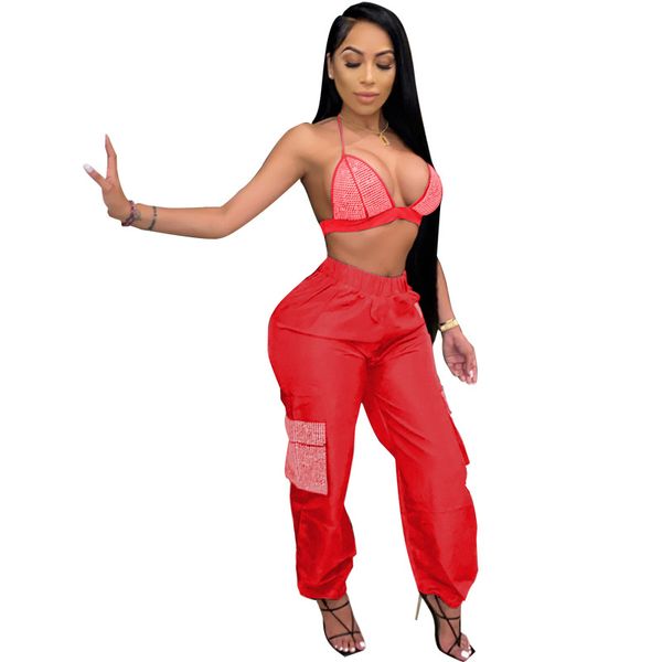

diamonds two piece set halter women set bra side pockets sweat pants set fashion suits night club tracksuit, Gray