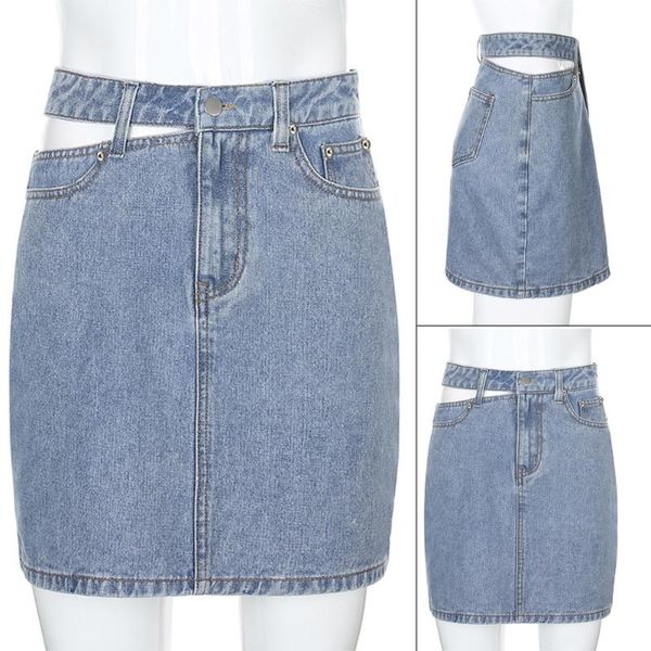 

skirts irregular cut out high waisted women's hollowed casual denim hip wrap mini ladies fashion korean jeans short skirt, Black