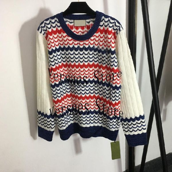 

women's sweaters 2021 luxury design retro wave stripe fashion long sleeve knitted hollow color matching round neck sweater, White;black