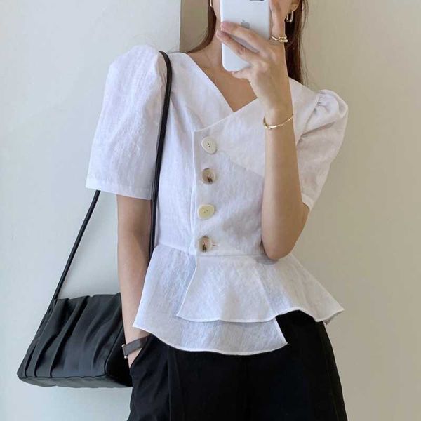 

korean chic minimalist v-neck single-breasted irregular button up shirt ruffled hem slim short sleeve crop blusas mujer 210610, White