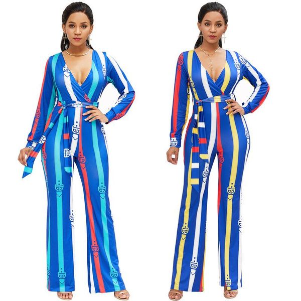 

women's jumpsuits & rompers spring autumn long sleeve wide leg deep v neck sashes skinny romper contrast color vertical striped l-yd510, Black;white