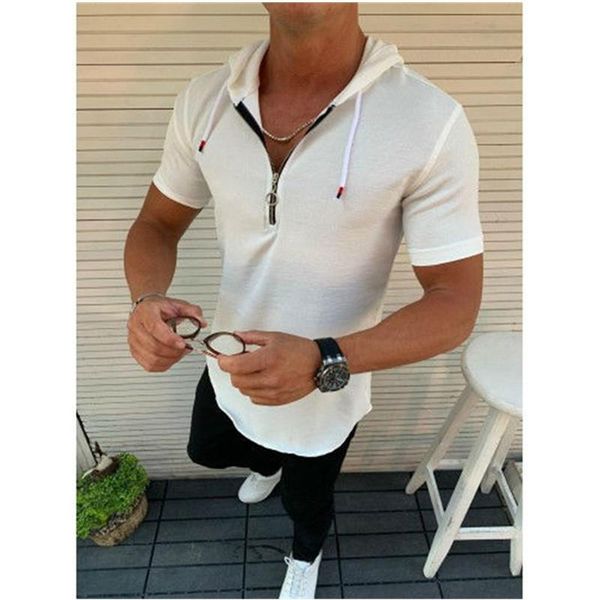 

men's t-shirts selling product in 2021 fashion slim t-shirt solid color zipper hooded cotton linen clothing, White;black