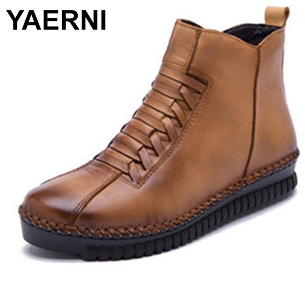 

boots yaerni fashion sewing genuine leather winter women ankle warm short plush inside rubber sole non-slip women's shoes e614, Black
