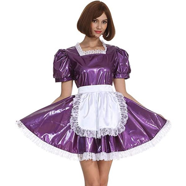 16 Farben Süßes Lolita A-Linie Minikleid Damen Elegantes Spitzenbesatz Dienstmädchen Cosplay Uniform Glänzendes PVC Kurzarm Plisseekleid