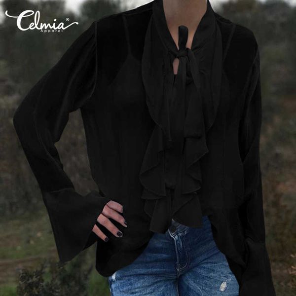 

women's blouses & shirts blouses summer see-through mesh celmia women elegant bow tie chiffon casual long flare sleeve blusas kv3d, White