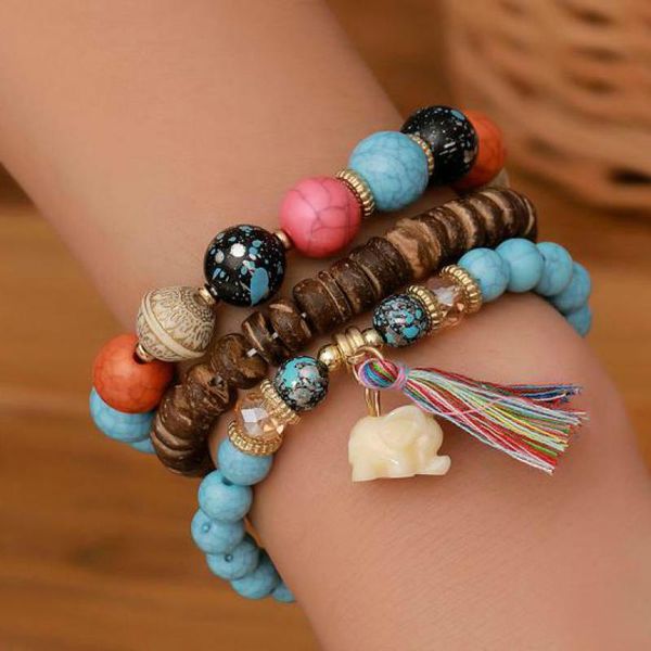

charm bracelets 3-piece set elephant charms bracelet bohemian beads for women tassel elastic & bangles jewelry scf109, Golden;silver
