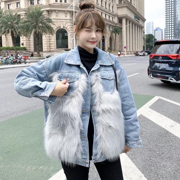

women's jackets winter retro woman jean jacket goth imitation fur women loose korean fried street style denim furry thick cotton coat, Black;brown