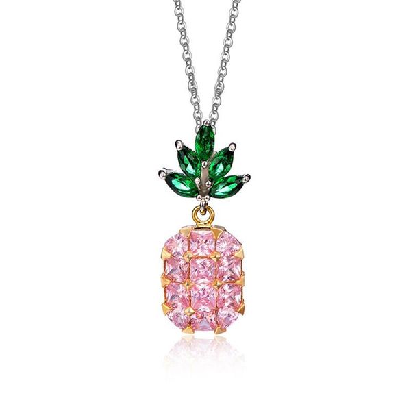 

pendant necklaces inlay crystal yellow and pink zircon pineapple necklace fashion women clavicle chain long section statement, Silver