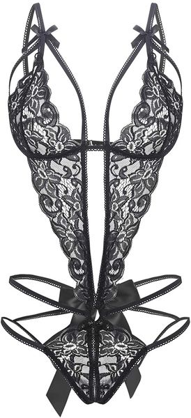 

women's deep v lace teddy one piece lingerie cutout strappy lingerie, Black;white