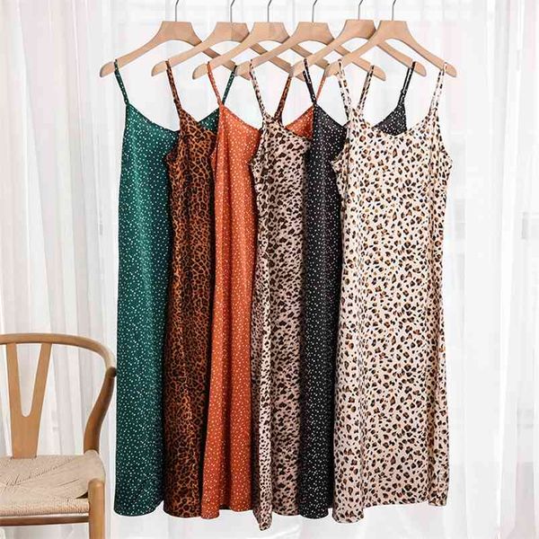 S-4XL Kore Polka Dot Yaz Kadın Elbise Spagetti Kayışı Boho Leopar Baskı Maxi Parti Vestidos Artı Boyutu M30262 210715