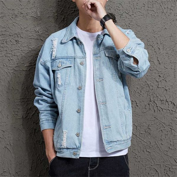 Jaqueta Jeans Masculina de Algodão Sólida Primavera Outono Casual Caimento Justo Jaqueta Bomber Masculina Buraco Jaqueta Jean Outwear Masculino Cowboy SH190902