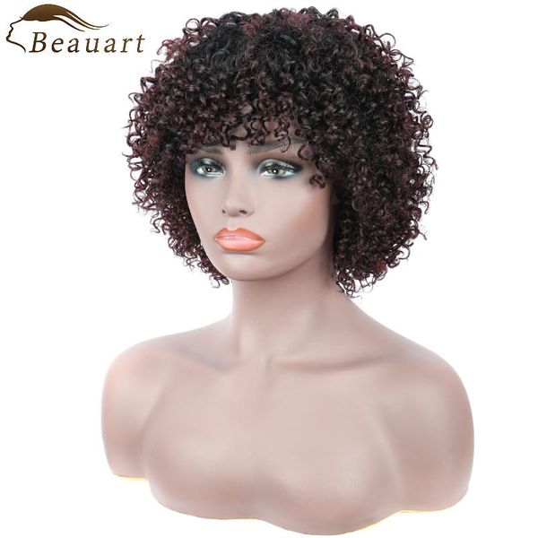 

lace wigs beauart 100% brazilian remy human hair afro kinky curly full for black women curls machine wig with bangs, Black;brown