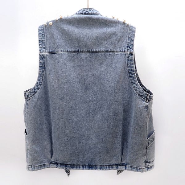 

spring korean fashion handwork beading jeans women waistcoat stand collar denim vest loose short sleeveless jacket female wncn, Black;white