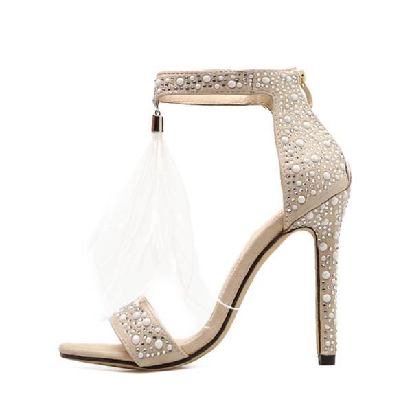 

firmranch women's shoes 2021 summer new style beads rhinestone feather tassel high heel sandals fairy wedding shoes banquet, Black