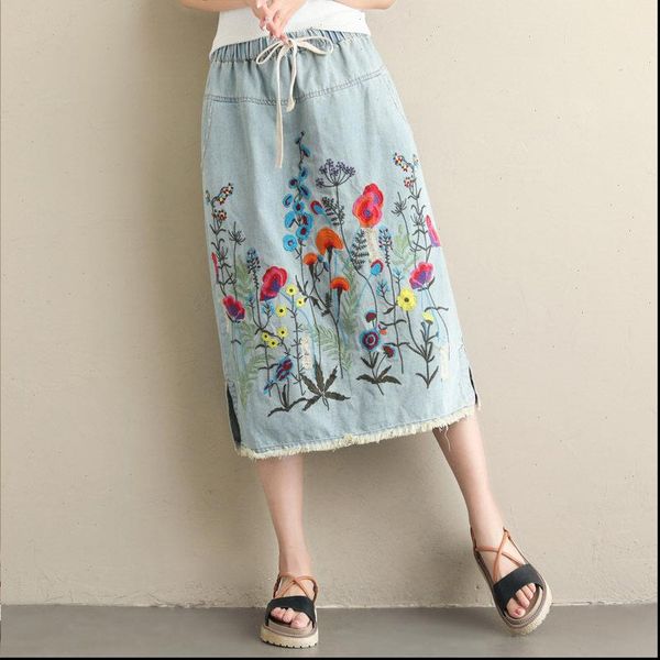 

vintage embroidered denim skirt large size women korean fashion clothes loose skirts casual elastic waist jeans saia f1209, Black