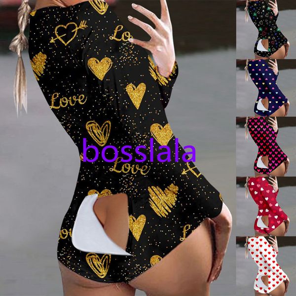 Tute da donna Designer San Valentino Stampa Pigiama Tuta a maniche lunghe Abbigliamento da notte Allenamento Bottone posteriore con patta Pantaloncini Pagliaccetti