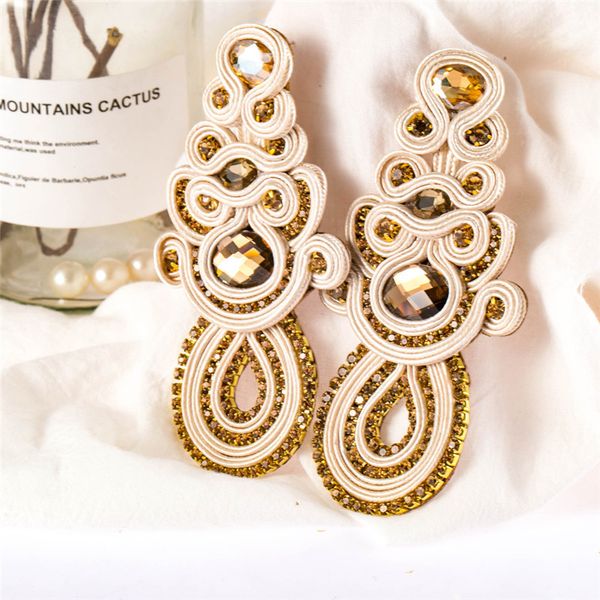 

soutache exquisite women's earrings fashion boho jewelry beige purple long large eardrop earring shiny rhinestones trendy gift, Silver