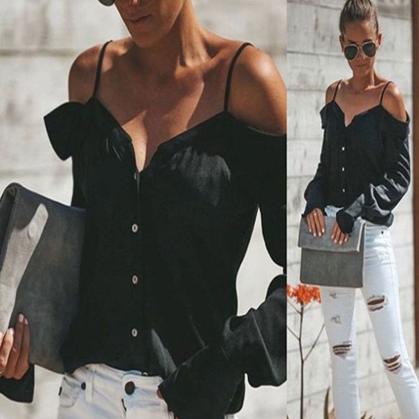 

new 2021 strap off shoulder v neck blouse elegant white casual button slim shirt female spring summer tunic t4ut