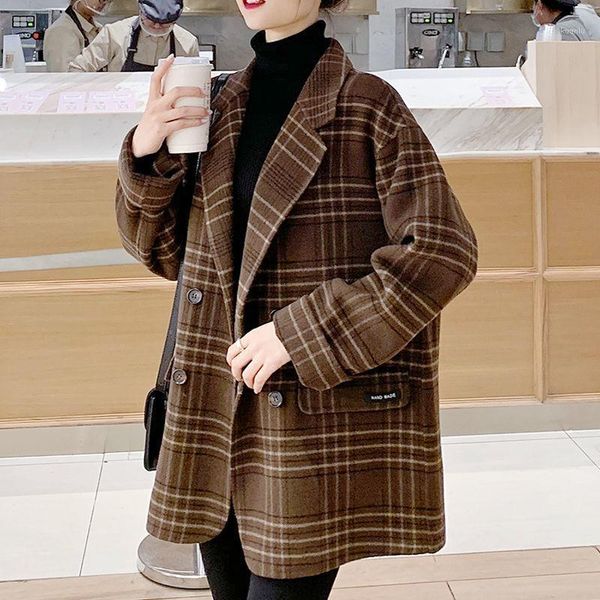 

women's trench coats women wool blazer british small suit woolen coat spring and autumn short fashion single button plaid jacket, Tan;black