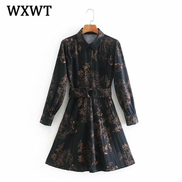 

wxwt new women vintage digital print sashes dress spring turn-down collar long sleeve ladies elegant tmperament short dresses, Black;gray