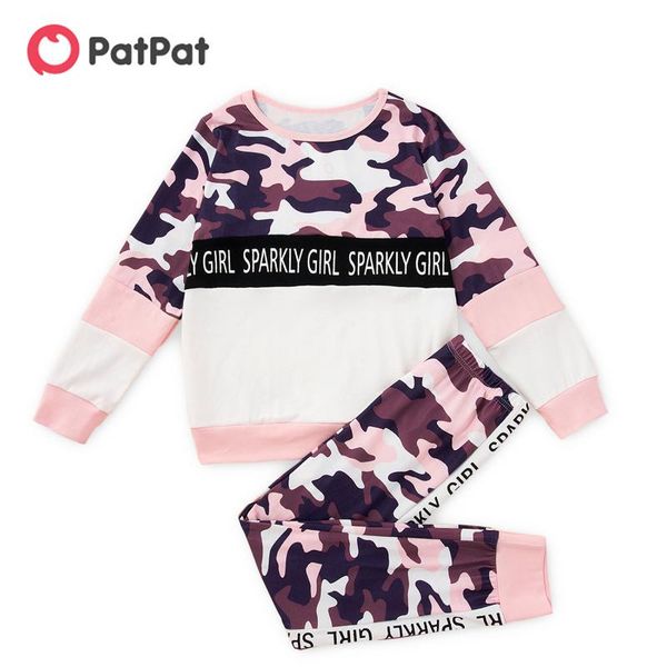 

clothing sets patpat 2-piece kid girl letter camouflage print color block long-sleeve and elasticized pants set, White