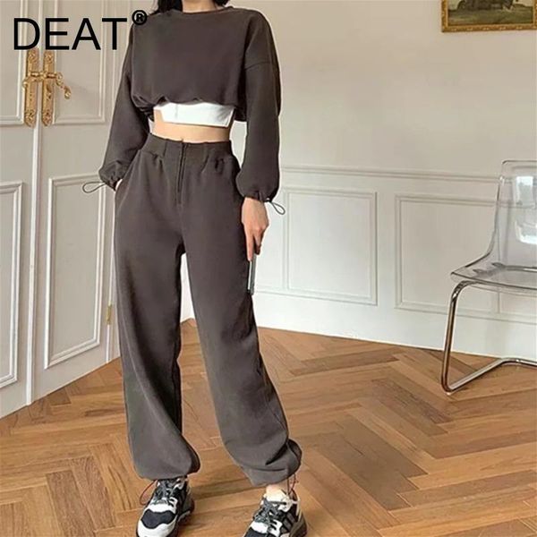 

women's two piece pants [deat] 2021 autumn fashion tide round neck long sleeve sweatshirt high waist casual women two-piece suit 13z295, White