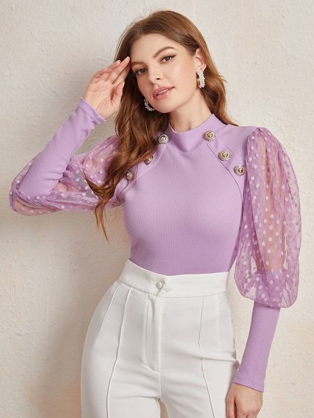 

button contrast mesh bishop sleeve g0pm#, White