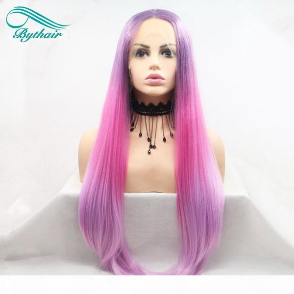 

bythair ombre purple wigs pink synthetic lace front wigs for women heat resistant natural straight wigs middle part long hair wig, Black