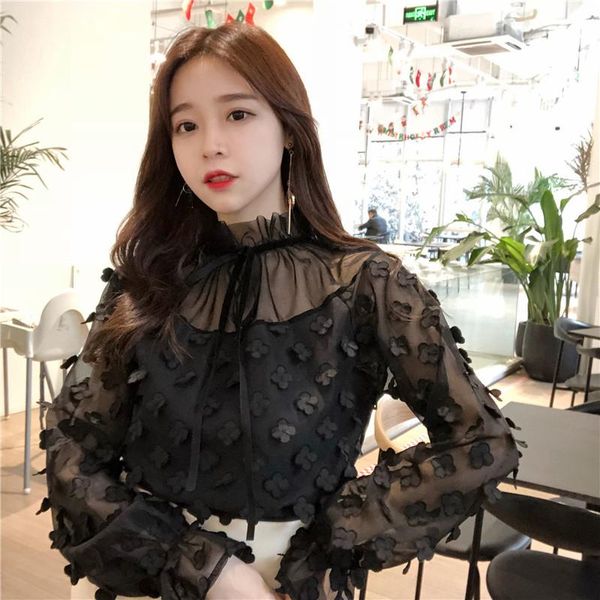 

women's blouses & shirts fringe patch mesh womens bandage and black long sleeve round neck elegant 2021 chemise, White