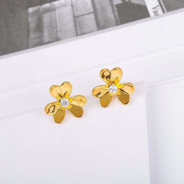 

s925 silver stud earring with flowers and one diamond in 18k gold plated wedding jewelry gift web 142, Golden