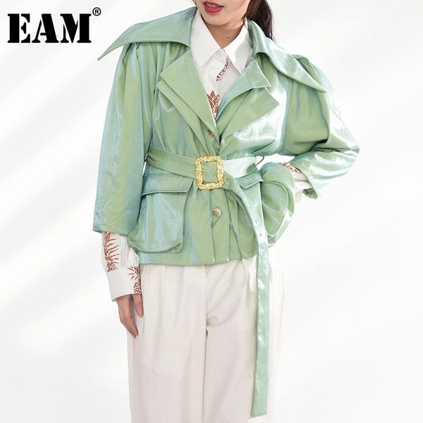

women's jackets [eam] loose fit green bandage glossy big size jacket lapel long sleeve women coat fashion tide spring autumn 2021 jh582, Black;brown