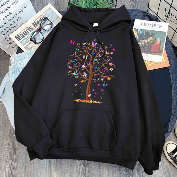 

men's butterfly tree hooded sweatshirt, neutral street cloth, harajuku style, polar loose, retro, animation, punk sweatshirt, Black