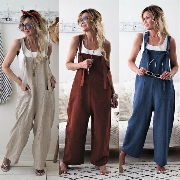

fashion dungaree cotton linen womens rompers playsuit baggy trousers plus size solid loose jumpsuits costume, Black;white
