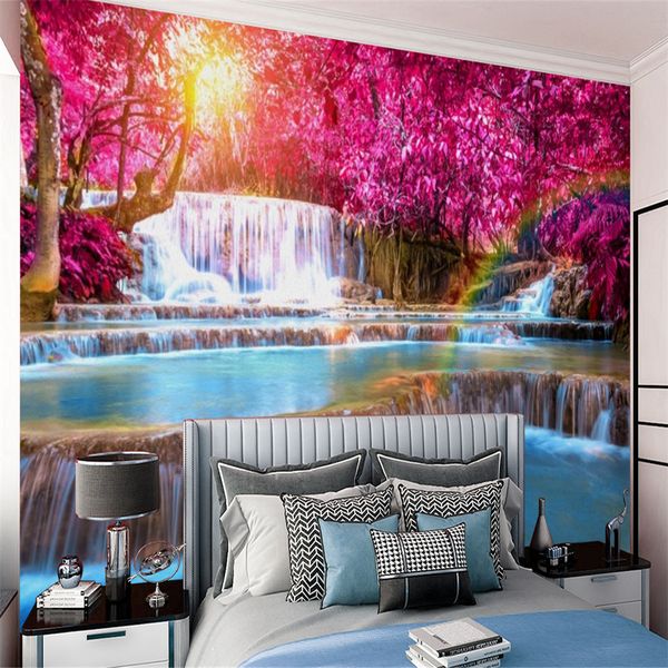 Romântico paisagem 3d papel de parede fantasia floresta vermelha cachoeira cenário interior decoração casa sala de estar quarto pintura mural papéis de parede