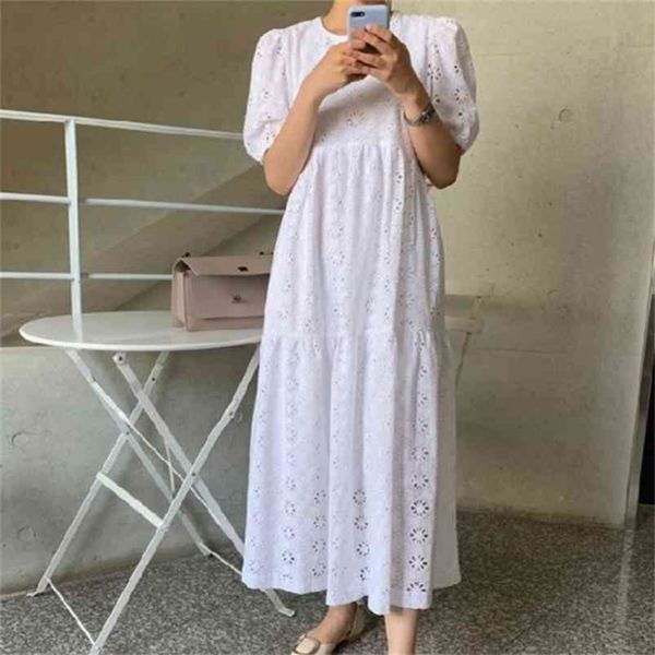 Elegante abito lungo con scollo a O per le donne Corea Moda Giappone minimalista bianco manica corta estate maxi abiti da ufficio oversize 210603