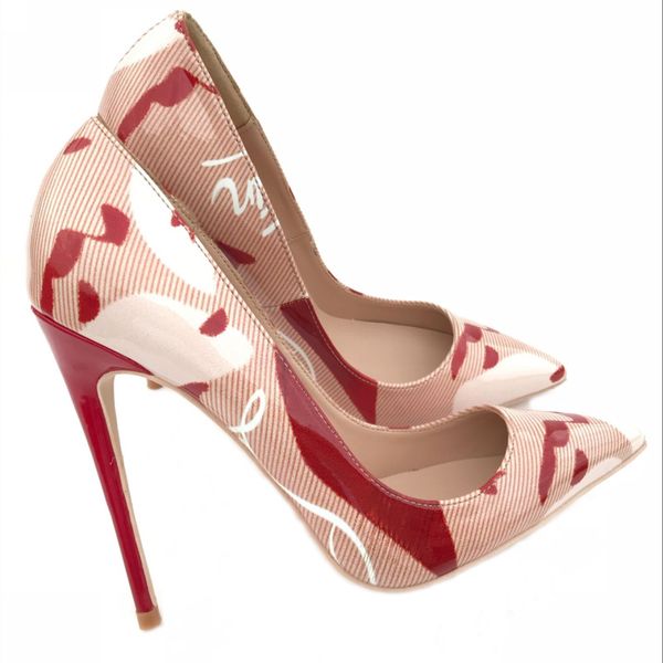 

fashion 12cm stiletto heel shoes,color blocking graffiti patent leather so kate high heels large szie 45 pointed toes women printed wedding, Black