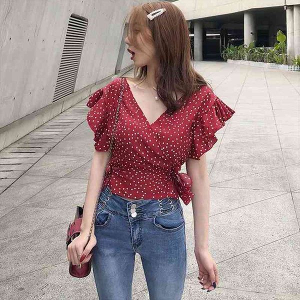 

ruffles chiffon blouse women dot print v-neck shirts short sleeve lace up blouse wholesale, White