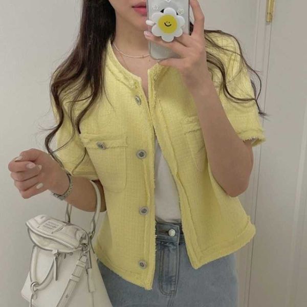 

fashion lady yellow o neck short sleeve woolen coat women summer retro temperament white all-match single-breasted jacket 210610, Black;brown