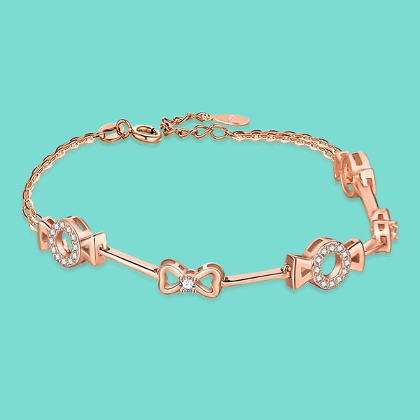 

luxury women's 925 sterling silver boutique bow bracelet rose gold chain 19cm charm jewelry gift bracciali gioielli, Black