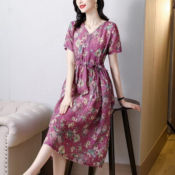 

casual dresses 2021 summer vintage red print elegant loose floral plus size beach midi dress women bodycon party runway vestidos, Black;gray