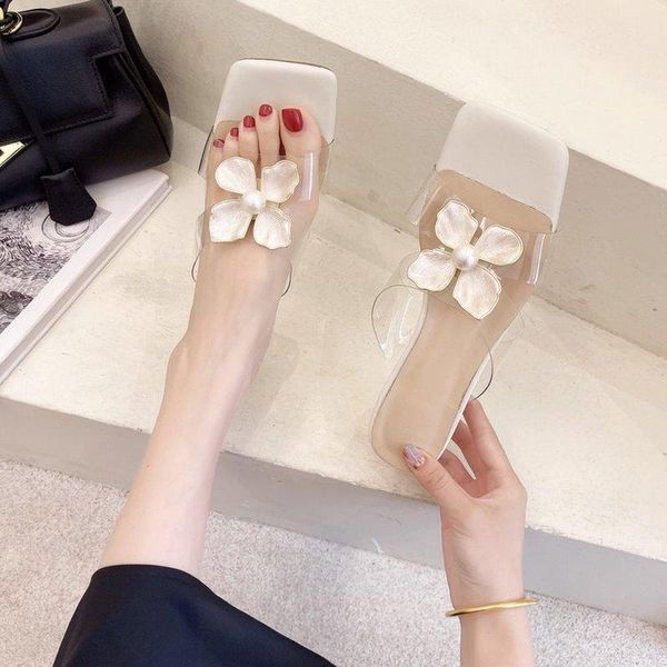 

slippers pvc transparent summer women square toe slides block floral crystal sandals clear perspex high heels shoes, Black