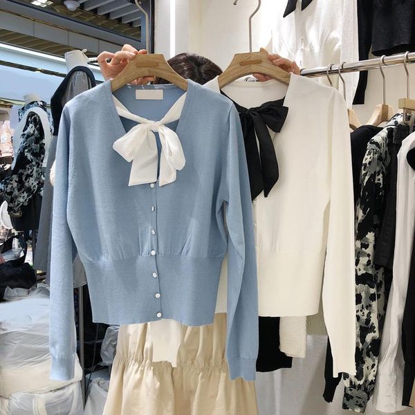 

las mujeres coreanas otoño de 2021 nueva moda de jersey con lazo dulce chaqueta punto, White