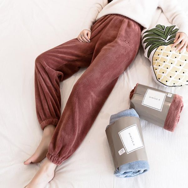 

winter fashion flannel pants female elastic waist embroidery letters casual plus velvet warm trousers women loose pajamas women's & cap, Black;white