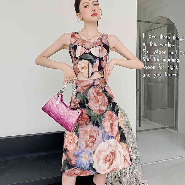

casual dresses oil painting floral skirt womens 2021 high fashion summer waist knee length a line and set runway nhky, Black;gray