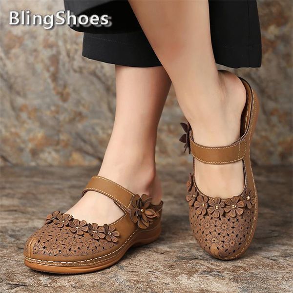 

sandals 2021 summer women flat shoes flower round toe ladies plus size super soft hollow out female buckle, Black