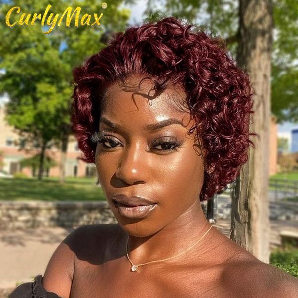 

lace wigs luvin 6inch short bob pixie cut wig human hair for women deep wave burgundy 99j curly t part, Black;brown