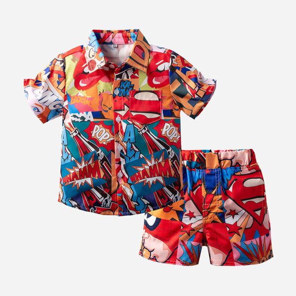 

beach wear boys' suit 2021 new harajuku style short sleeve shirt children's shorts vacation two piece set, White