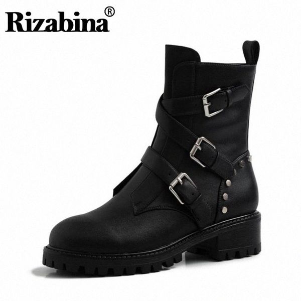 

rizabina women genuine leather punk ankle boots casual buckle ladies motorcycle boots fashion shoes woman size 34 39 boot ankle b a5id#, Black