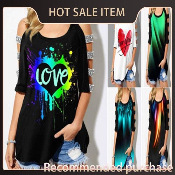 

ladies printed trend female t-shirt fashion strapless loose sleeve round girl short neck clothing designer long new tshirt casual summe gugk, Black